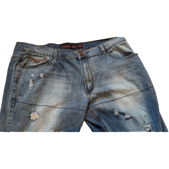 Franky Max Distressed Denim Blue Jeans 38x32 Embroidered Pockets Leather Trim - Picture 2 of 14